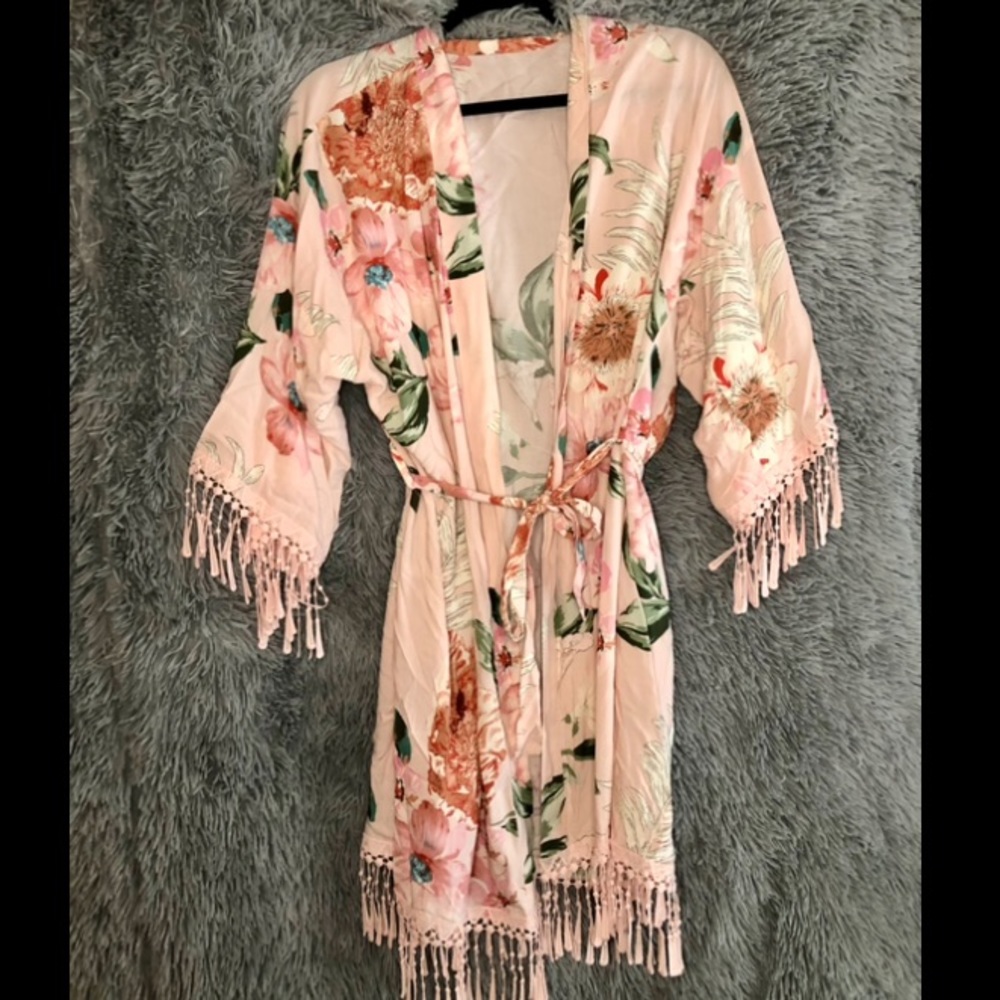 Pink floral robe with fringe